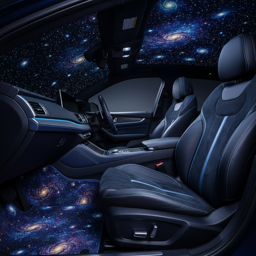 Fahrzeuginnenraum mit galaxy-inspiriertem Dachhimmel und passenden Fußmatten
